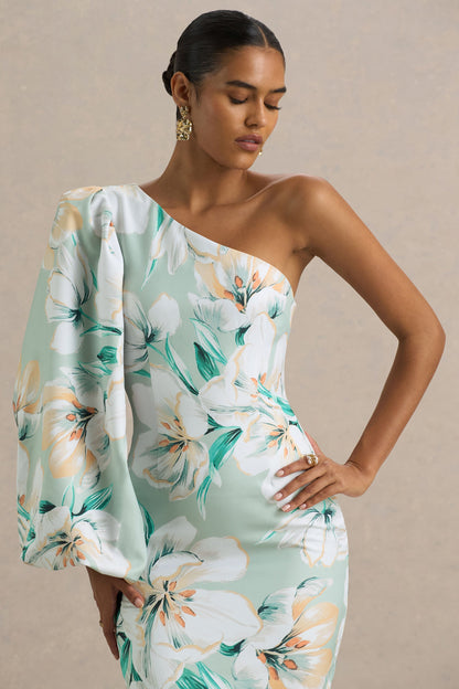 Kellis | Vestido largo Asimétrico con Manga Abullonada en Estampado Floral Verde