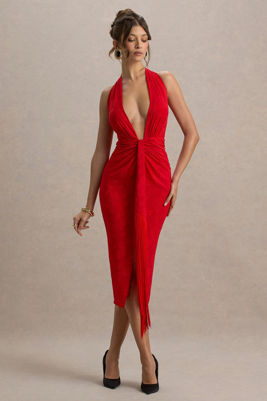 Auria | Vestido rojo midi con escote pronunciado y detalle de nudo con flecos