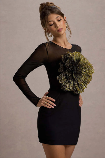 Ruchi | Vestido corto negro ajustado con mangas largas de maya y detalle floral en oro