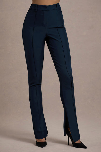 Wonder Woman | Pantalones Rectos de Talle Alto con Abertura en el Dobladillo en Color Azul Marino