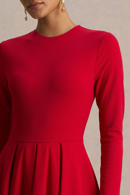 Bellamy | Vestido Midi Rojo con Escote Redondo y Mangas Largas