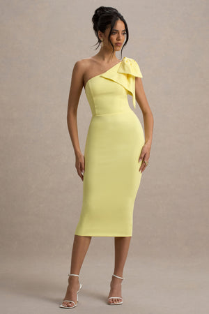 Ambretta | Vestido Midi entallado amarillo con detalle de lazo en el hombro