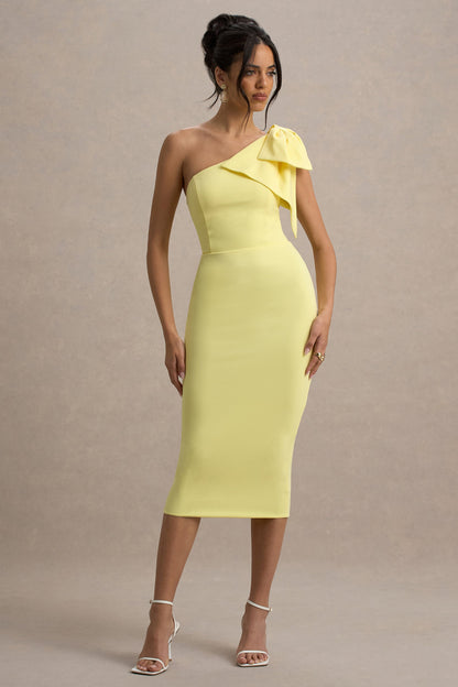 Ambretta | Vestido Midi entallado amarillo con detalle de lazo en el hombro