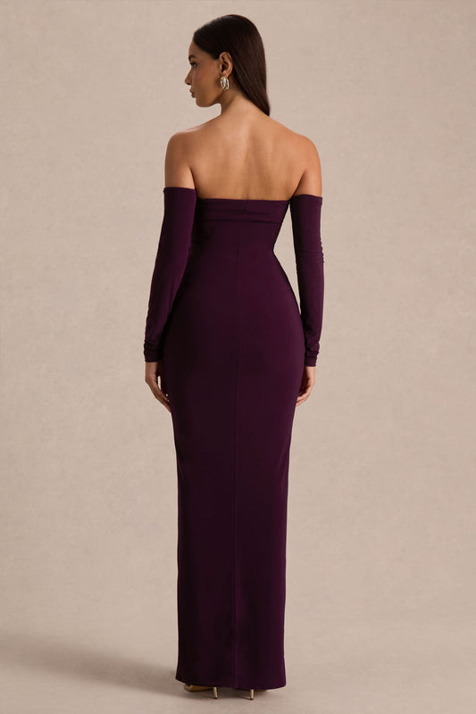 Harper | Vestido Largo Ciruela de Escote Bardot