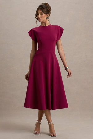 Linda | Vestido Midi Burdeos con Escote Alto y Mangas Cortas