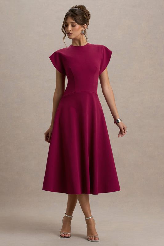 Linda | Vestido Midi Burdeos con Escote Alto y Mangas Cortas