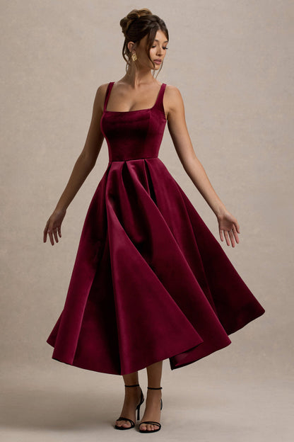 Francisca | Vestido midi de terciopelo burdeos con falda plisada
