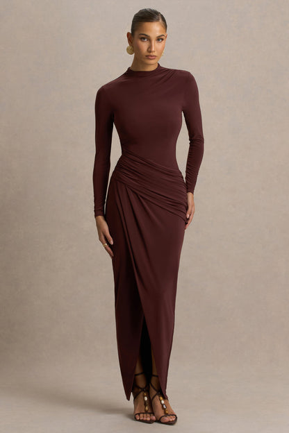 Zephyra | Vestido Largo Marrón Con Escote Alto Cruzado