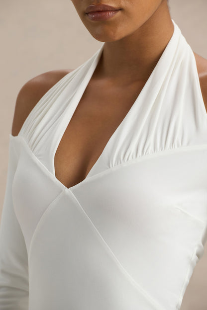 Living High | Vestido largo Blanco con Cuello Halter y Mangas Largas.