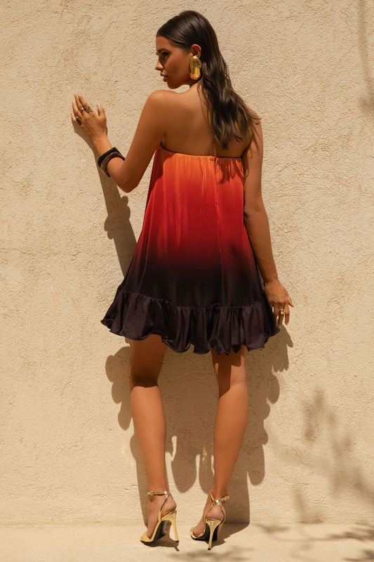 Tropical | Vestido corto de Satén Naranja ombré con Dobladillo con Volantes