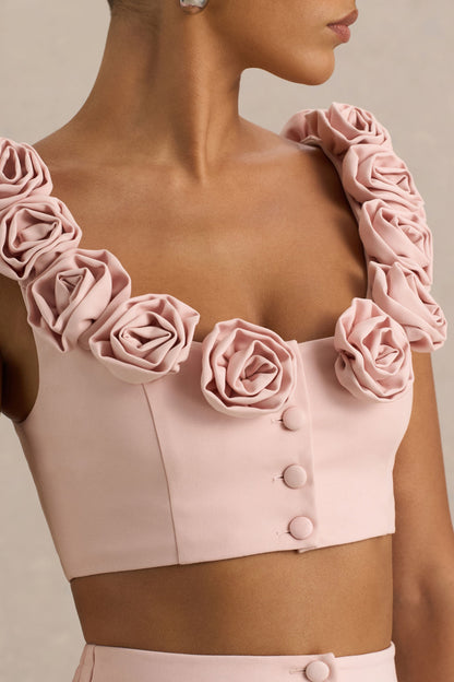 Blade | Top corto de tirantes rosa bebé con escote  redondeado con detalles florales