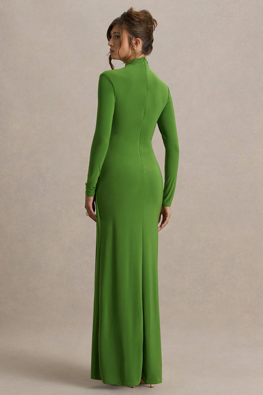Hourglass | Vestido Largo Verde de Manga Larga con Escote alto, Detalle Cruzado en la Cintura y Abertura Frontal