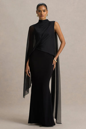 Amour | Vestido Largo Negro Con Escote Alto y Detalle De Manga Capa