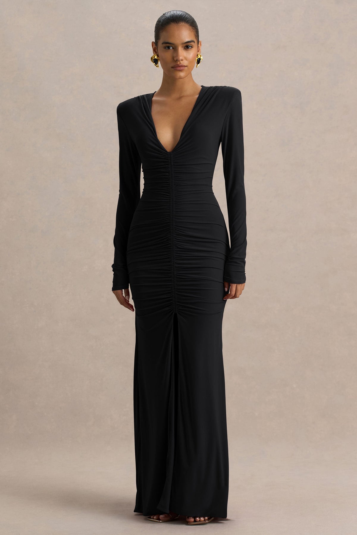 Jewel | Vestido Largo de cuello de pico profundo negro con abertura frontal y detalle fruncido