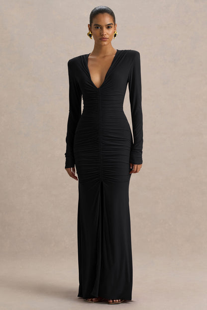 Jewel | Vestido Largo de cuello de pico profundo negro con abertura frontal y detalle fruncido