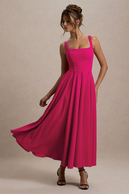 Parina | Vestido midi fucsia con escote cuadrado y falda voluminosa