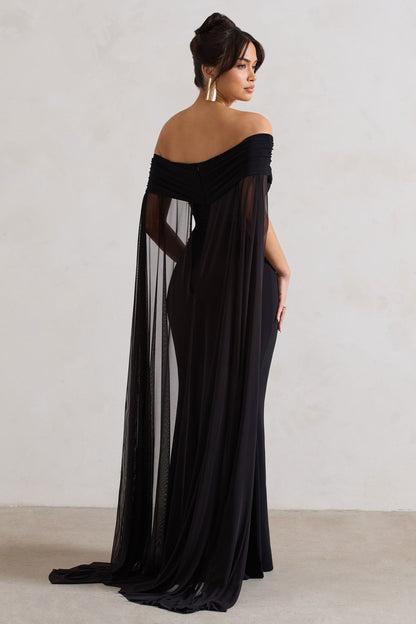 Carlotta | Vestido largo negro ajustado con capa de gasa y escote bardot