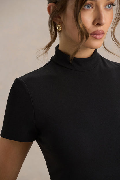 Bellona | Vestido Midi Negro De Cuello Alto Con Bajo Asimétrico