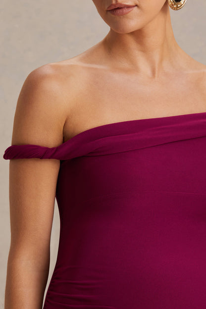 Salome | Vestido premamá midi burdeos con escote asimétrico drapeado
