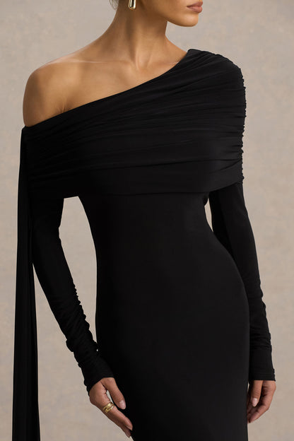 Octavia | Vestido Largo Negro Con Escote Bardot Capa Y Detalles Fruncidos