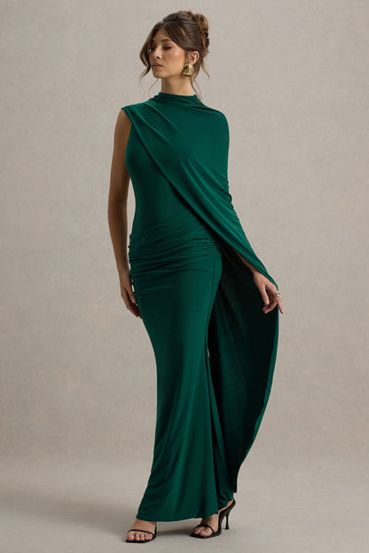Maeve | Vestido largo Verde Botella con Manga Capa Drapeada