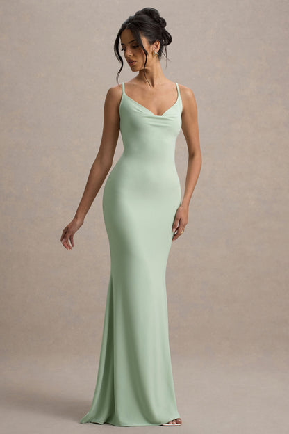 Francoise | Vestido largo Verde Claro con Escote Drapeado y Espalda Descubierta con Encaje