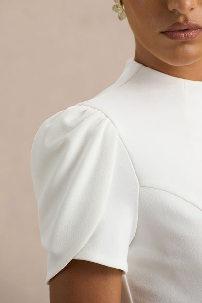 Vicky | Vestido midi blanco con mangas abullonadas y falda con volumen