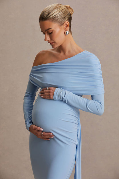 Amara | Vestido Largo Azul Celeste con Escote Asimétrico y Detalle de Fajín