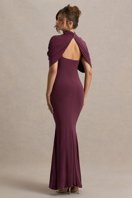 Cleora | Vestido largo burdeos con detalle de capa retorcida