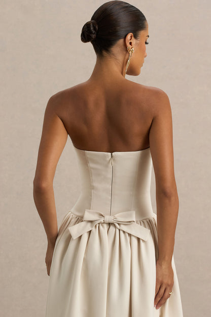 Candice | Vestido Midi en Crema con Escote Bandeau y Lazo en la Espalda