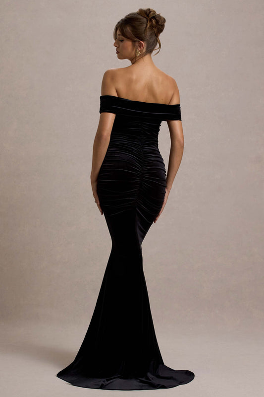 Apolline | Vestido Largo de Terciopelo Negro con Hombros Descubiertos y Cola de Sirena Fruncida