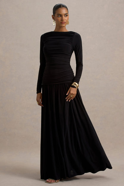 Aniyah | Vestido Negro Largo con Cuello Alto y Detalles Fruncidos