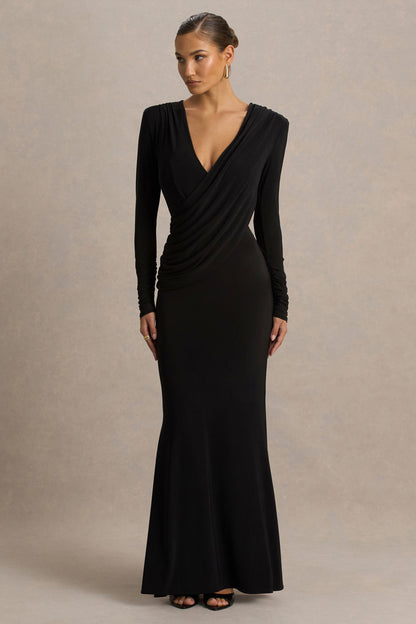 Daphira | Vestido Largo Negro con Escote En V Profundo Extremo