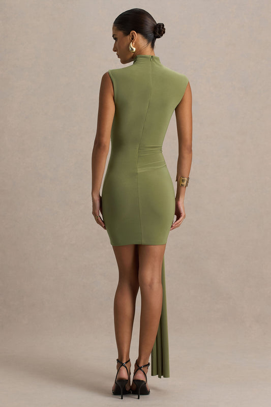 Sorenna | Vestido Corto Oliva de Cuello Alto con Detalle Cruzado y Cinta Larga