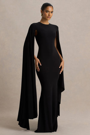 Briony | Vestido Largo Negro con Escote Alto y Mangas Capa
