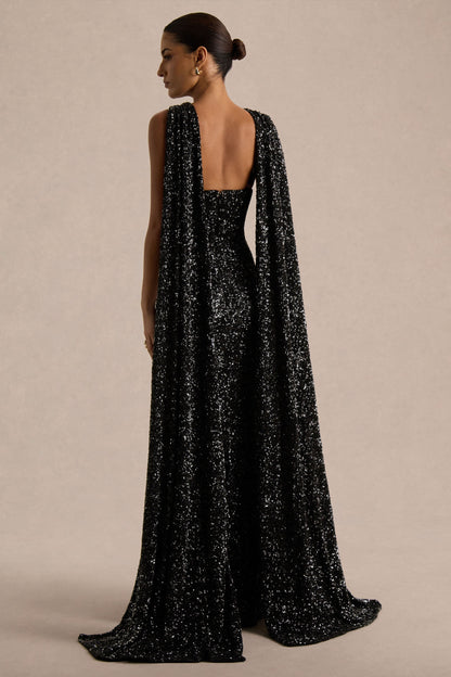 Renelle | Vestido Largo de Lentejuelas Negras y Escote Halter