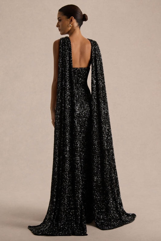 Renelle | Vestido Largo de Lentejuelas Negras y Escote Halter
