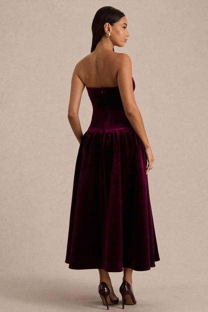 Violetta | Vestido Midi Burdeos de Cuello Bandeau, Cintura Caída y Falda Plisada