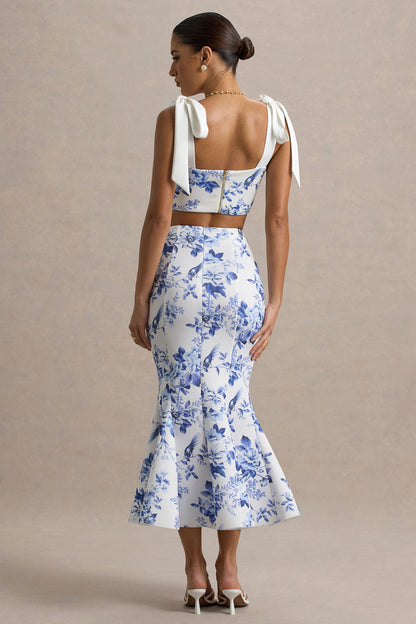 Amadea | Falda midi ajustada de talle alto con estampado de porcelana azul