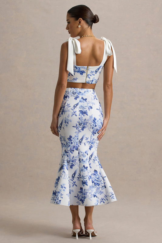 Amadea | Falda midi ajustada de talle alto con estampado de porcelana azul