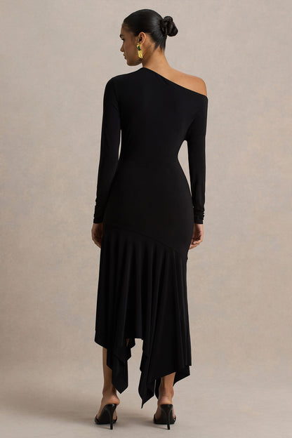 Isola | Vestido Midi Negro con Escote Asimétrico y Cintura Caída