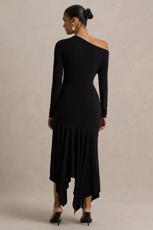 Isola | Vestido Midi Negro con Escote Asimétrico y Cintura Caída