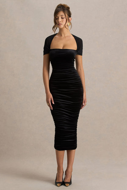 Chrissy | Vestido Midi de Terciopelo Negro con Escote Cuadrado Mangas de Malla y Detalles Fruncidos