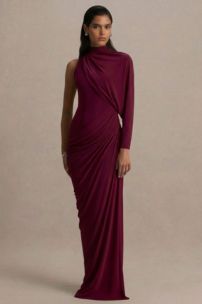 Aphra | Vestido Largo burdeos con escote alto y manga capa