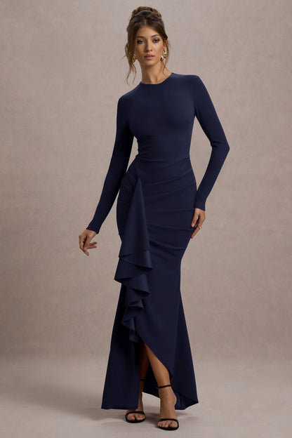 Alayna | Vestido largo ajustado al cuerpo de manga larga con volante lateral en color azul oscuro