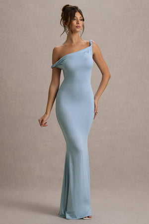 Lita | Vestido largo entallado en azul cielo y escote asimétrico retorcido