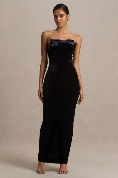 Illusion | Vestido Largo Negro De Terciopelo Palabra De Honor Con Lazo