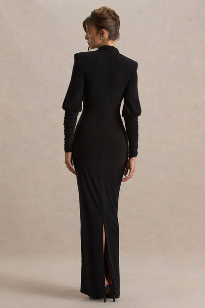 Kaylee | Vestido largo negro con mangas largas y escote profundo