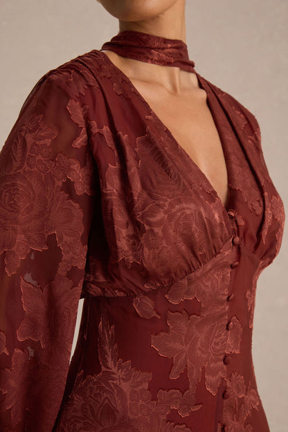 Sabina | Vestido midi devoré color óxido con escote pronunciado