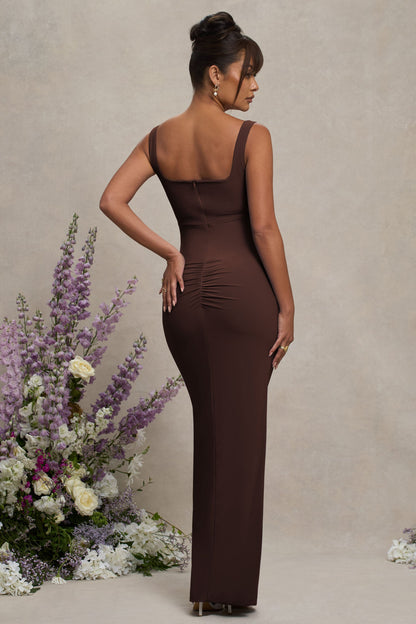 Avril | Vestido Largo de Maternidad Marrón con Escote Cuadrado y Abertura
